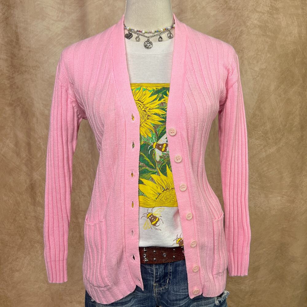 Vintage 60s Pink Ribbed Cardigan Sweater Knit Button Up Retro Rockabilly Preppy
